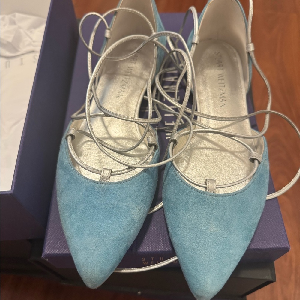 Stuart Weitzman Light Blue Suede Flats with Silver Accents